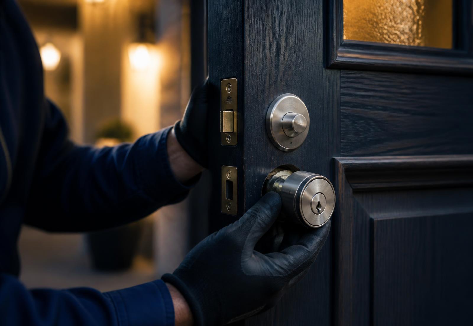 Locksmith fitting a deadbolt to a timber front door