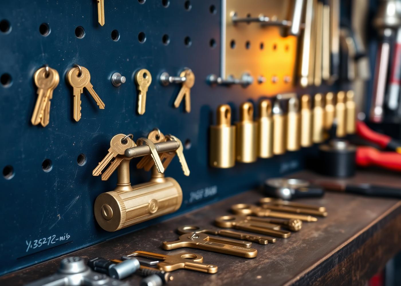 Keys, lock cylinders and locksmith hand tools laid out on a workbench